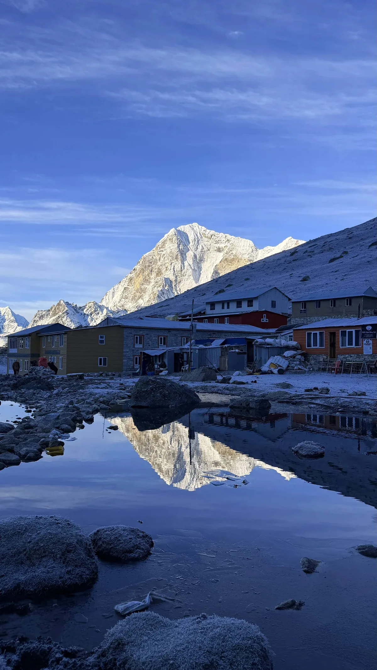 清晨的小水塘映著雪峰,後方是山屋