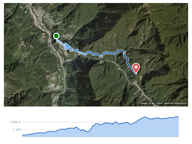 D1 八通關登山口 → 雲龍瀑布 → 樂樂山屋 路線示意圖與高程剖面
