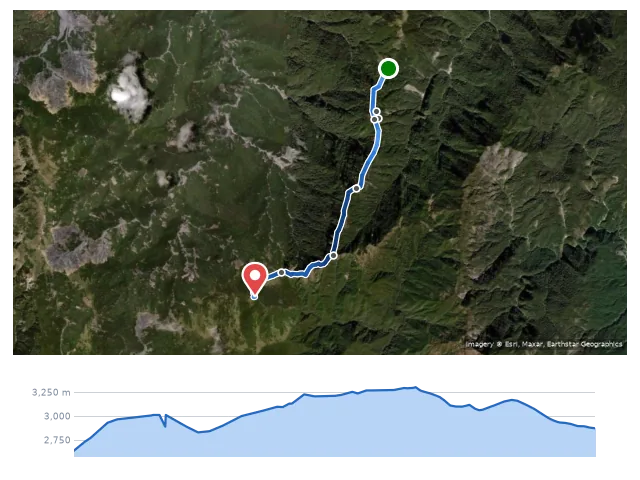D5 2595 鞍部 → 大小石公山 → 3135 峰 → 丹大山 → 太平溪源營地 路線示意圖與高程剖面