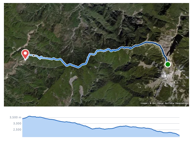 D5 南湖山莊 → 勝光登山口 路線示意圖與高程剖面