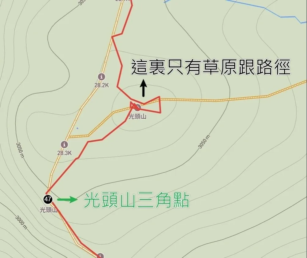 當時的離線圖資截圖,圖上東北與西南各標著一個「光頭山」
