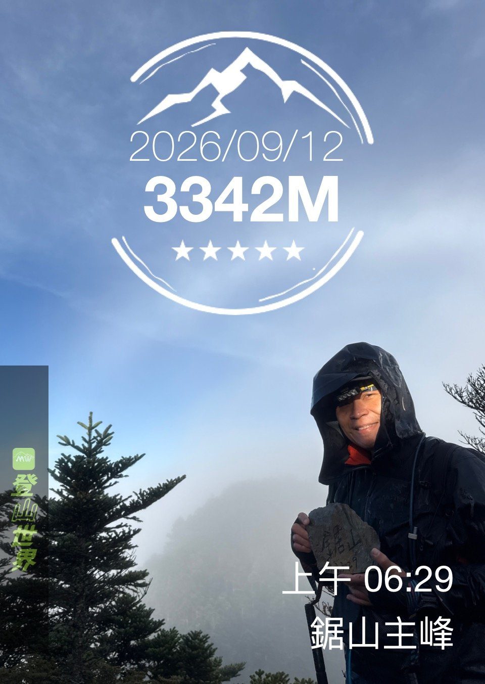 戴頭燈穿雨衣的登山者手持寫着「鋸山」的石頭，背後是藍天與霧，畫面上有登山世界 app 的打卡標記
