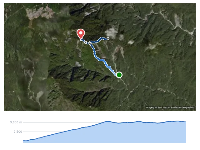 D1 羊頭山登山口 → 羊頭山 → 鋸山東峰 → 鋸東避難小屋 路線示意圖與高程剖面